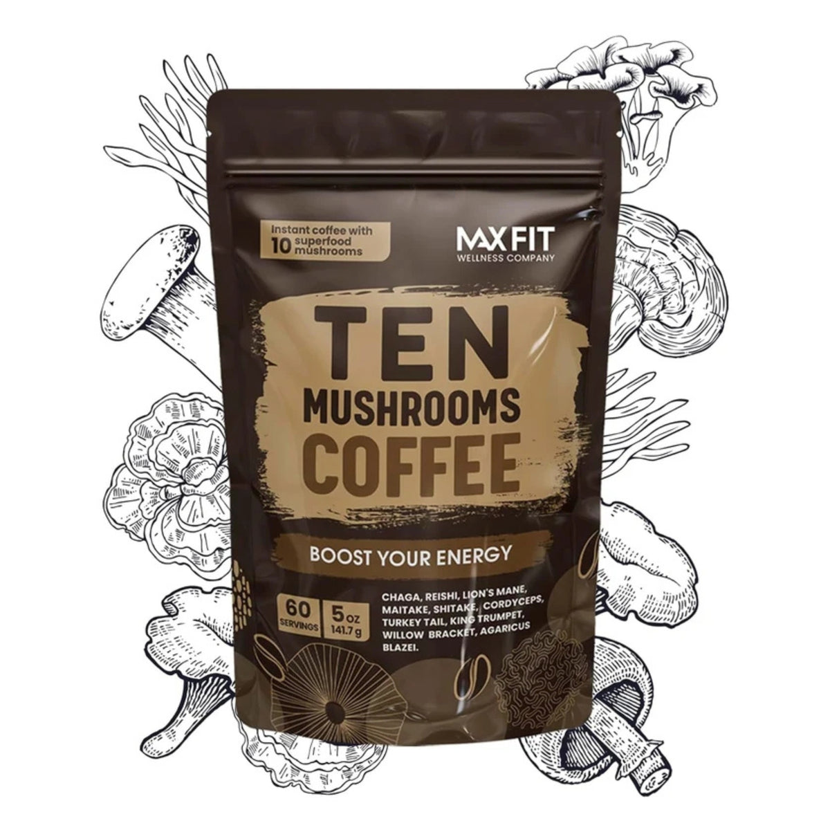MAX FIT Ten Mushrooms Coffee - Instant Coffee with 10 Superfood Mushrooms